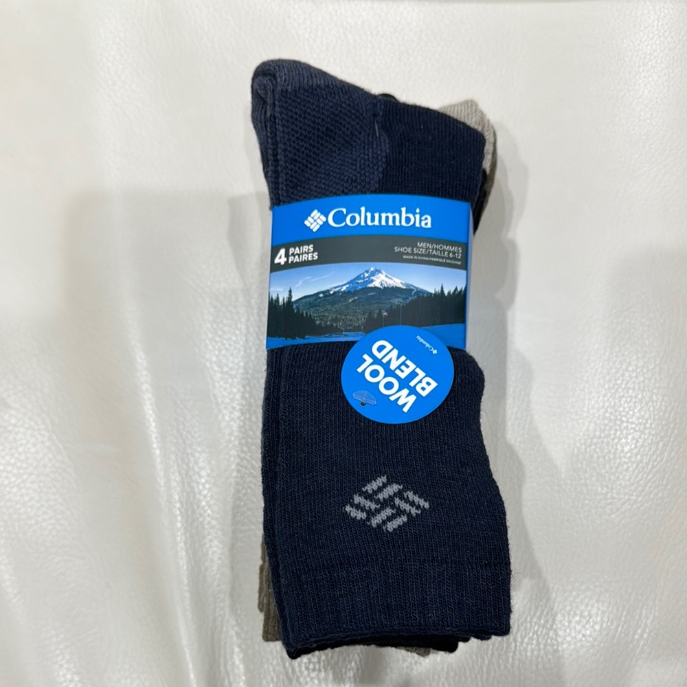 Columbia Men’s 4 pairs wool blend socks (Brand New)-size 6-12